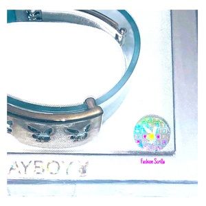 PLAYBOY Vintage Silver Bunny Logo Charm Blue Jelly Cuff Bracelet